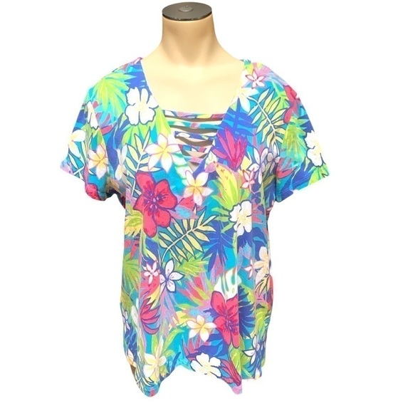 Caribbean Joe Tops - Caribbean Joe Women’s Blue Floral Tropical Short Sleeve Shirt